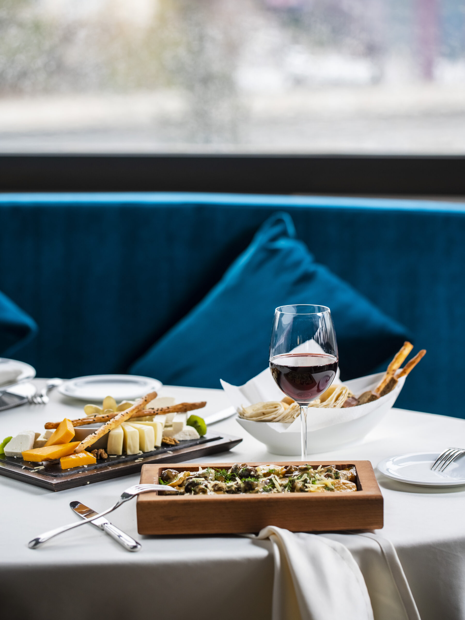 various food with glass of wine